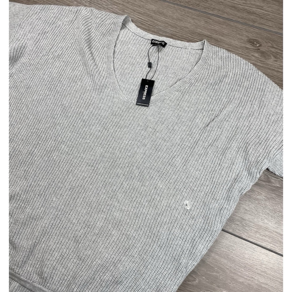 Express Women's Short Sleeve Ribbed V Neck Oversized Sweater Grey Size Large New